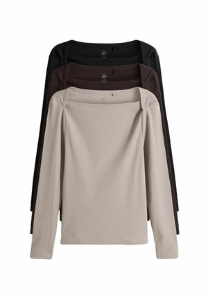 Four long-sleeve ribbed tops in beige, brown, and black. Each has a square neckline and a fitted design. Soft texture with minimal detailing.
