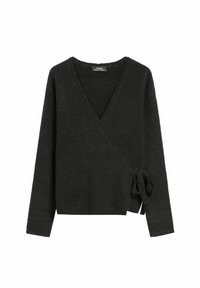 Czarny sweter w stylu opakowanym, wykonany z teksturowanej tkaniny, z dekoltem w serek i wiązaniem po lewej stronie; długie rękawy, miękkie wykończenie.