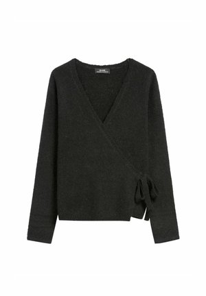 Czarny sweter w stylu opakowanym, wykonany z teksturowanej tkaniny, z dekoltem w serek i wiązaniem po lewej stronie; długie rękawy, miękkie wykończenie.