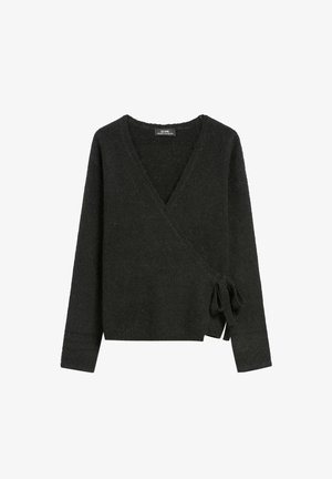 Czarny sweter w stylu opakowanym, wykonany z teksturowanej tkaniny, z dekoltem w serek i wiązaniem po lewej stronie; długie rękawy, miękkie wykończenie.