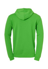 Hoodie en coton vert avec poche kangourou, manches longues et capuche à cordon. Texture lisse avec un design uni.