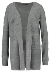 Ljusgrå cardigan med öppen front, med ribbat mönster och långa ärmar. Tillverkad av ett mjukt, stickat material.