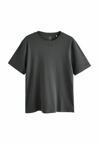 Szara koszulka polo z krótkim rękawem, wykonana z prążkowanej tkaniny, z okrągłym dekoltem i luźnym krojem. Prosty design bez wzorów lub akcentów.