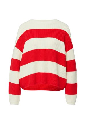 Gruby sweter z dzianiny o szerokich poziomych czerwono-białych paskach i długich rękawach, z okrągłym dekoltem i luźnym krojem.