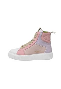 Sneaker alta con pannelli rosa, lavanda e bianchi, pelle testurizzata, suola in gomma bianca e dettaglio del logo dorato di lato.