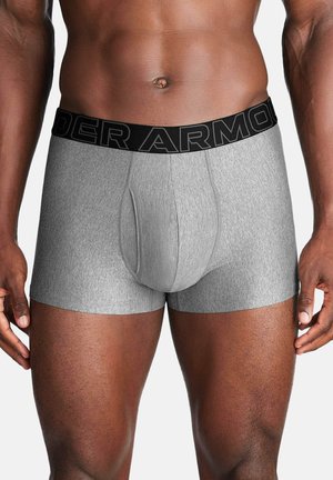 Torace maschile che indossa boxer grigi Under Armour con fascia nera in vita, in piedi con le braccia rilassate ai lati.