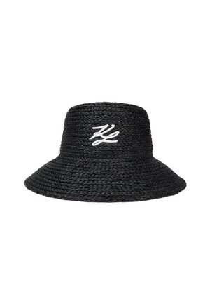 Czarny pleciony kapelusz typu bucket z szerokim rondem i białymi haftowanymi stylizowanymi literami "HZ" na środku z przodu.
