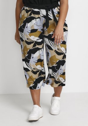 Patterned cropped pants featuring an elastic waistband and tie detail, in colors black, gold, and light blue with abstract leaf-like designs.