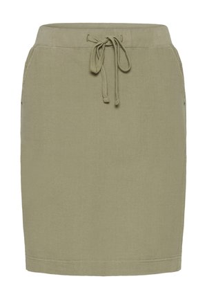 Jupe longueur genou vert olive avec ceinture côtelée et lien à nouer à l'avant, dotée de poches sur les coutures latérales.