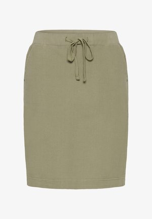 Jupe longueur genou vert olive avec ceinture côtelée et lien à nouer à l'avant, dotée de poches sur les coutures latérales.