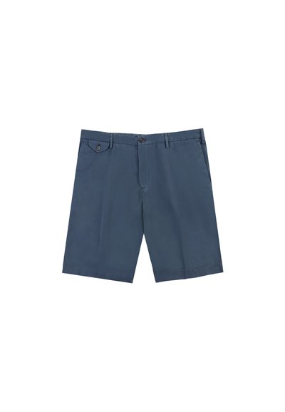 Pantaloni corti blu navy in cotone. Presentano una chiusura con bottone, tasche anteriori e posteriori, e un taglio dritto con un orlo semplice.