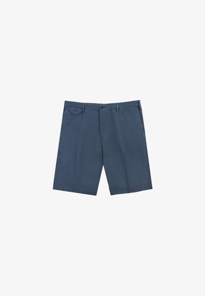 Pantaloni corti blu navy in cotone. Presentano una chiusura con bottone, tasche anteriori e posteriori, e un taglio dritto con un orlo semplice.