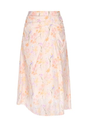 Kvetinová sukňa po kolená v jemnej broskyňovej farbe. Obsahuje jemné kvetinové vzory v ružovej, žltej a modrej s elastickým pásom a splývavým strihom.