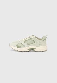 Adidași sport de culoare verde deschis, cu panouri din plasă, suede texturat și o talpă groasă. Au un design cu șireturi și o buclă pe călcâi.