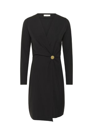 Zwarte lange mouw wikkeljurk met V-hals en asymmetrische zoom, gathered bij de taille met een enkele ronde gouden knop.