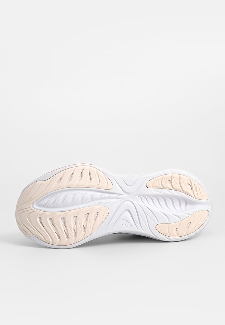 Schoenzool met een textuur van een witte basis en beige accenten, voorzien van gemusterde groeven voor grip en flexibiliteit. Lichtgewicht ontwerp.