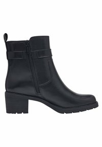 Bottine en cuir noir avec un bout rond, un robustes talons bloc, une fermeture éclair sur le côté et deux sangles décoratives sur le dessus. Semelle en caoutchouc texturé.
