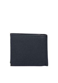 Portefeuille en cuir noir avec une finition texturée, design pliable et bords cousus. Présente une forme rectangulaire compacte sans matériel visible.