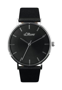 Schwarze Lederarmbanduhr mit einem runden, schwarzen Zifferblatt, silbernen Zeigern und minimalistischen Stundenmarkierungen. Verfügt über silberne Hardware und Logo.