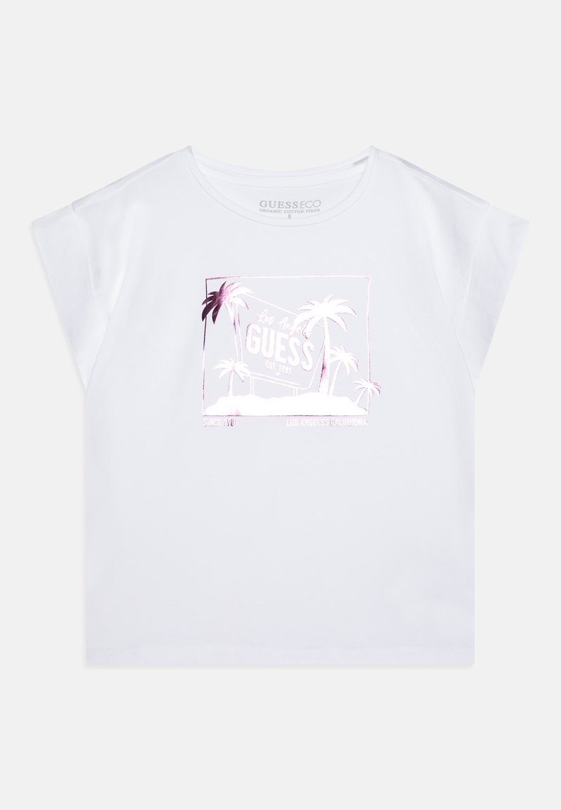 Witte T-shirt met korte mouwen, gemaakt van biologisch katoen, met een glanzende roze grafiek met palmbomen en merkinformatie in het midden.