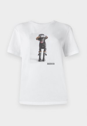 White cotton t-shirt featuring a black dog wearing a hat and rubber boots, with a printed photo and 'BARBOUR' logo on the front.