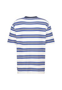Short-sleeve t-shirt featuring horizontal blue and white stripes on a cotton fabric, with a round neck and a straight hem.