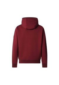 Sudadera con capucha color burdeos de textura suave, que cuenta con un bolsillo tipo canguro y puños acanalados. El diseño es minimalista con un color sólido.