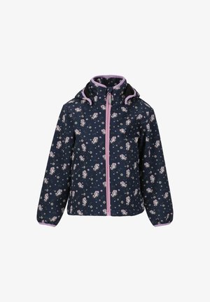 Giacca impermeabile blu navy con motivo floreale e unicorni, zip e rifiniture rosa, cappuccio regolabile e polsini elasticizzati.