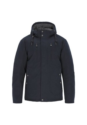 Námořnická modrá mikina s kapucí vyrobená z odolného materiálu, s dvěma zipovými kapsami na prsou, pružnými šňůrkami na stažení a jemnou vnitřní podšívkou.