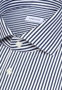 Gros plan sur le col d'une chemise à rayures verticales bleu marine et blanc, avec des boutons blancs et une étiquette de marque Seidensticker à l'intérieur.