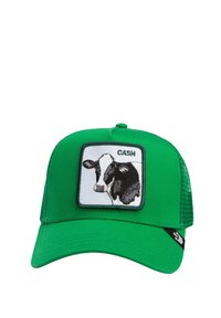 Zelena trucker kapa s kvadratnom navlikom koja sadrži grafiku crno-bijele krave i tekst "CASH" iznad. Teksturirani mrežasti stražnji panel.