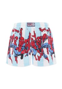 Costumi da bagno da uomo azzurri con una stampa audace di Spider-Man in rosso e nero, dotati di vita elastica e cordino.