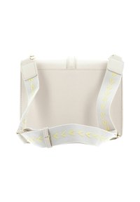 Sac à main structuré beige avec une texture lisse, doté d'une bandoulière blanche agrémentée d'accents en zigzag jaunes et de ferrures dorées sur les côtés.