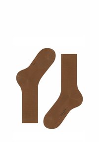 Braunes Socken-Set mit glatter Textur, Standardlänge, verstärktem Fersen- und Zehenbereich sowie geripptem Bündchen. Markennamen "FALKE" auf der Sohle gedruckt.
