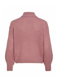 Pull rose en maille avec motif texturé, manches longues ballon, poignets et bas côtelés, col montant court, vu de dos.