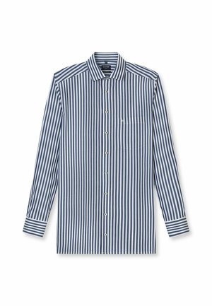 Gestreepte overhemd in marineblauw en wit, met een knoopsluiting en een puntige kraag, en een enkele borstzak. Lange mouwen met contrasterende boorden.