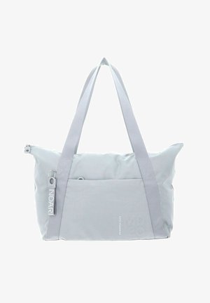 Sac cabas rectangulaire gris clair avec double poignée, poche avant et fermeture éclair, arborant la marque "Mandarina Duck".