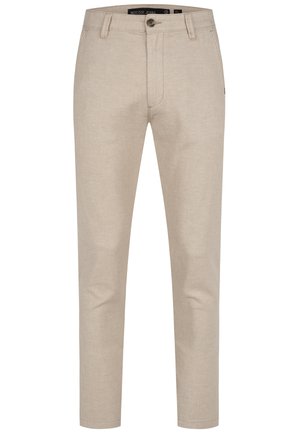 Beige chino nadrág sima textúrával, egyenes szárú kialakítással, öt zsebbel és egy gombbal záródó derékkal.