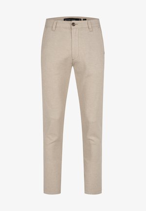 Pantaloni chino beige con una texture liscia, design a gamba dritta, cinque tasche e chiusura a un bottone in vita.