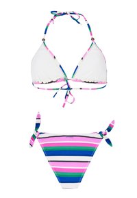 Bikini set koji uključuje bijeli trokutasti gornji dio s višebojnim prugastim vezicama i odgovarajući donji dio s vezicama sa strane u raznim bojama i širinama.