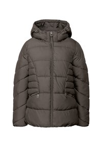 Giacca a pompa marrone con zip frontale, cappuccio e due tasche laterali. Presenta motivi trapuntati orizzontali e diagonali per un effetto texture.