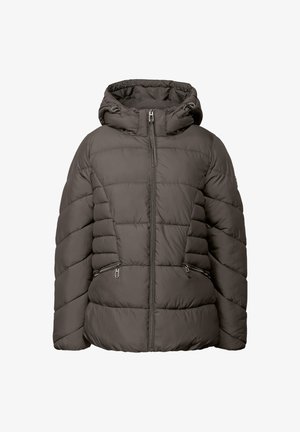 Chaqueta puffer marrón con cremallera en el frente, capucha y dos bolsillos laterales. Presenta patrones acolchados horizontales y diagonales para añadir textura.