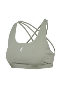 Brassière de sport gris clair avec fines bretelles croisées et petit logo double chevron blanc au centre devant.