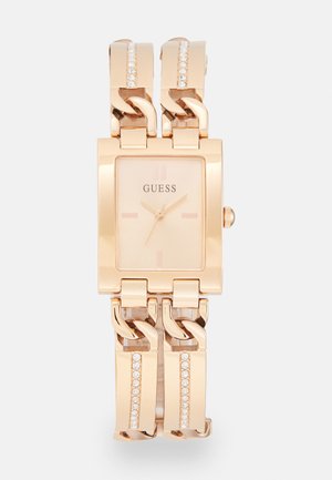 Gold-tone watch with a square face, linked bracelet design, and crystal accents along the strap. Features minimalist hour markers.