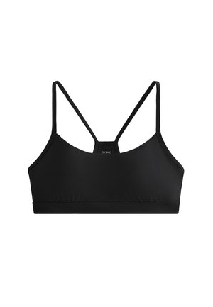 Schwarzer Sport-BH mit glatter Textur, dünnen Trägern und minimalistischen Design. Enthält ein Logo auf der Mitte des Rückens.