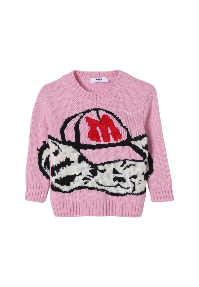Maglione lavorato a maglia rosa con un design grafico di un cappello e un personaggio in bianco e nero. Collo, polsini e orlo a coste.