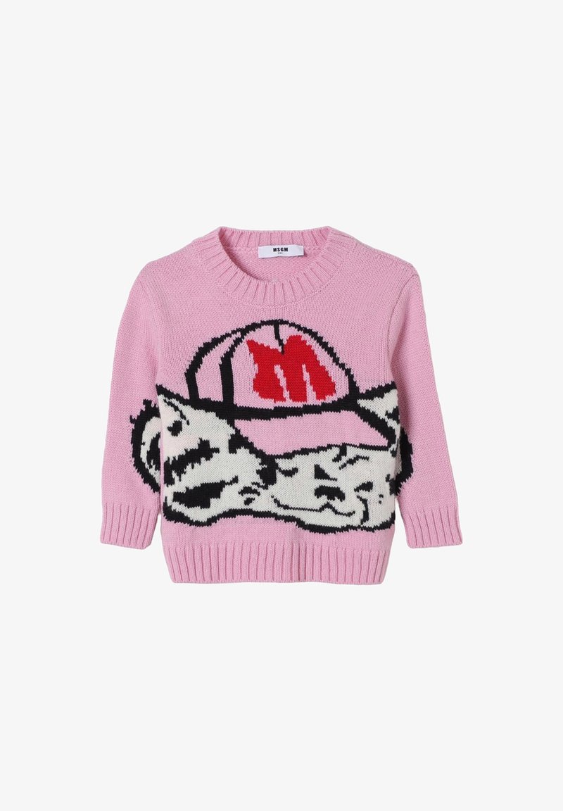 Maglione lavorato a maglia rosa con un design grafico di un cappello e un personaggio in bianco e nero. Collo, polsini e orlo a coste.