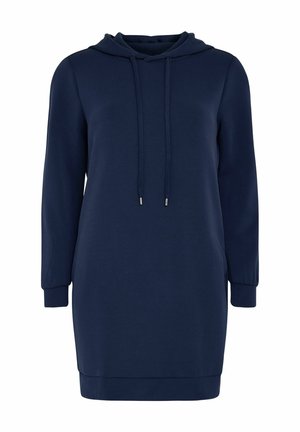 Abito felpa blu navy realizzato in tessuto morbido, con cappuccio regolabile, maniche lunghe e orlo a costine. Design semplice e senza cuciture.