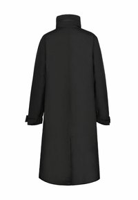 Długi czarny zimowy płaszcz z wysokim kołnierzem, długimi rękawami, regulowanymi mankietami oraz prostym krojem, pokazany od tyłu na białym tle.