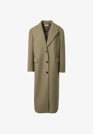 Olijfgroene wolmix jas met een kloofrevers, voorzakken en drie zwarte knopen, met een rechte snit en lange mouwen.